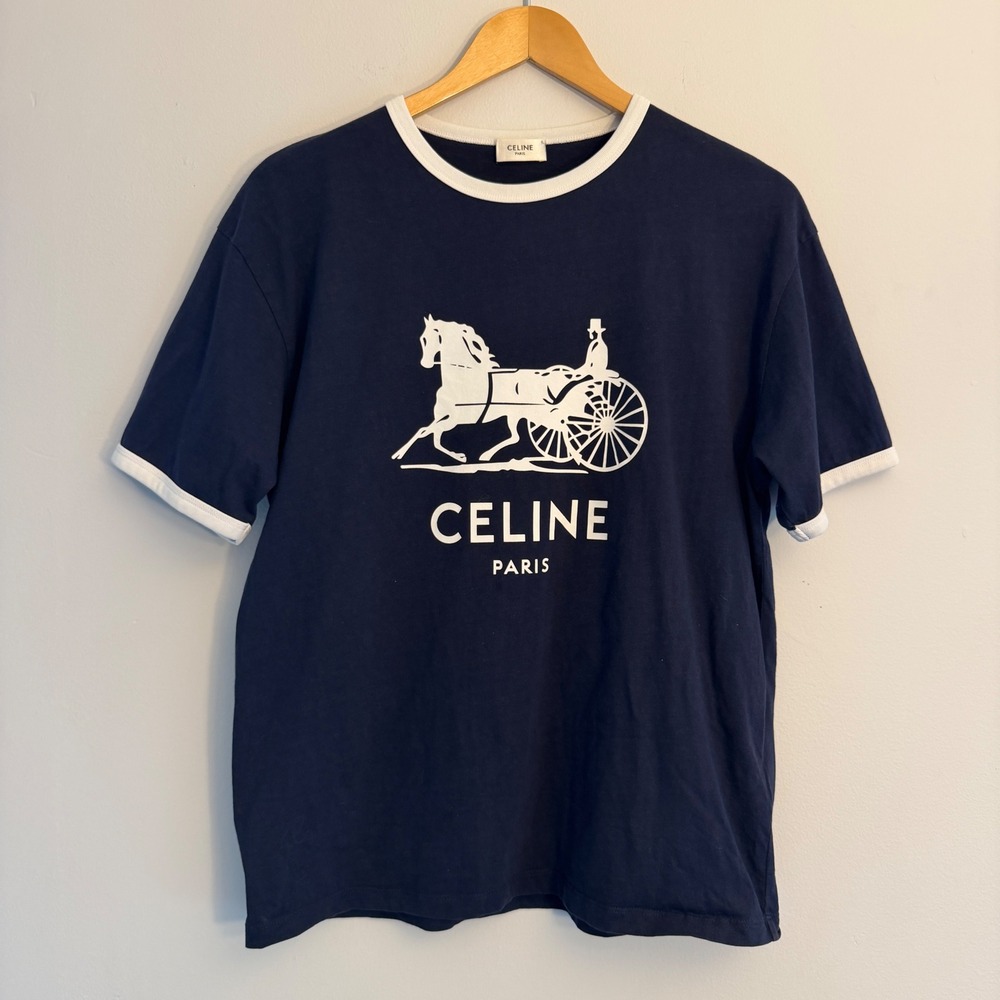 Celine Sulky Horse Carriage Ringer T-Shirt Navy Blue 2Y479052H Mens XS Fits M